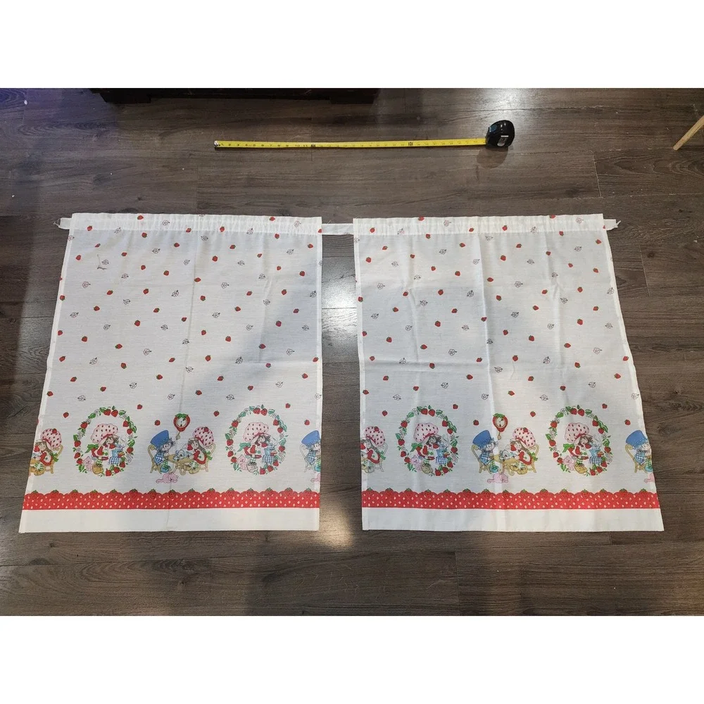 Vintage 70s Strawberry Shortcake Curtains 4 Panels Retro Nursery Decor 24x36